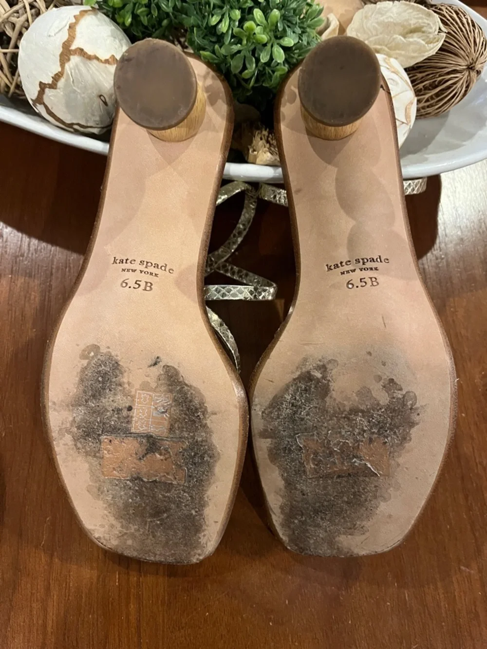 Kate Spade New York Charmer Metallic Gold Sandal with Sculpted Wood Heel 6.5